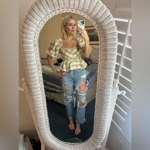 HUNTER BELL Beige and White Gingham Peplum Puff Sleeve Top